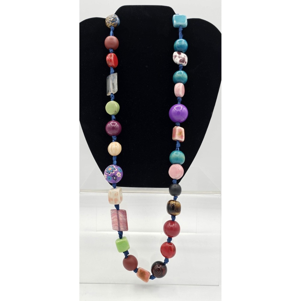VINTAGE Chunky Multicolored 27-Beaded Adjustable Necklace Strung On Blue Ribbon - Picture 1 of 10